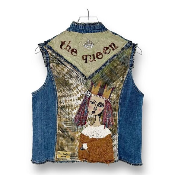 Jackets & Blazers - Artist’s Custom Designed Repurposed Jean Vest w/Mixed‎ Media Queen Figure Sz 1X